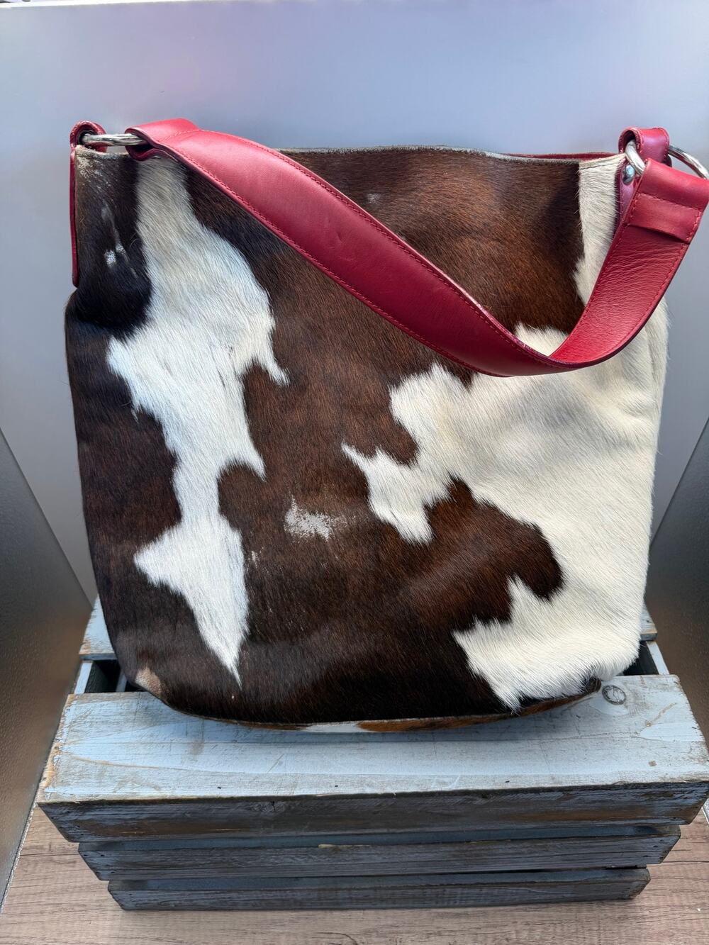 Maurizio Taiuti Italian Cowhide Hair On Hide Leather Hobo Bag -Red Strap- Italy